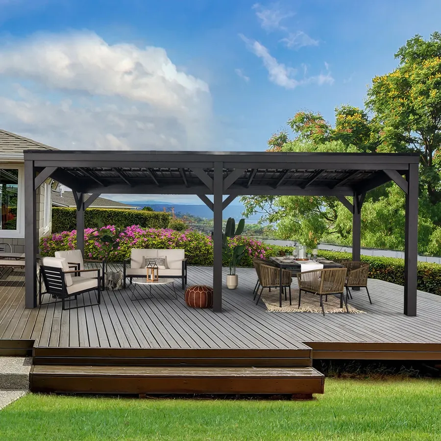Dark aluminum pergola over a deck with outdoor seating